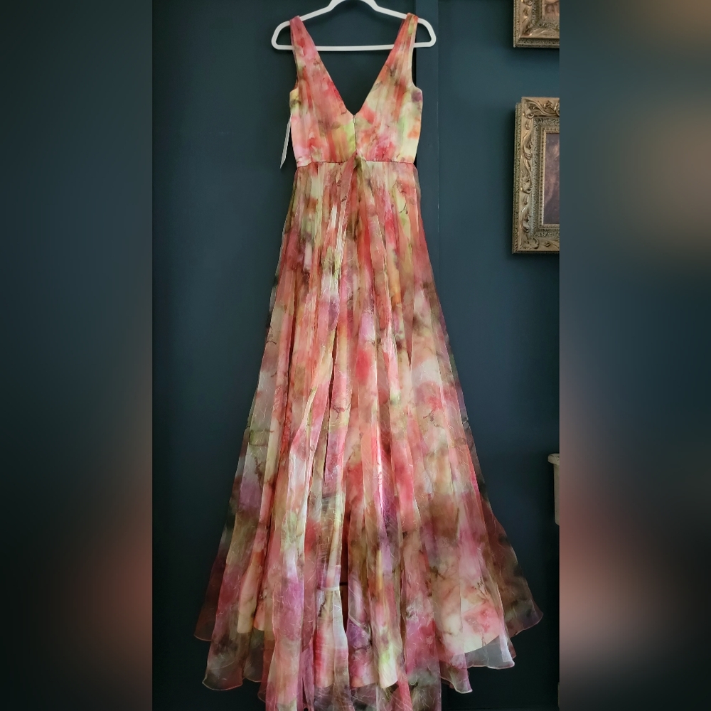 NWT Theia Faye Painterly Bow Organza Lightweight Chiffon Flowy A-line Gown 4‎ - Picture 10 of 15